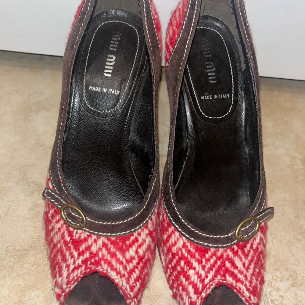 Miu Miu Red and Brown Peep-Toe Heels
